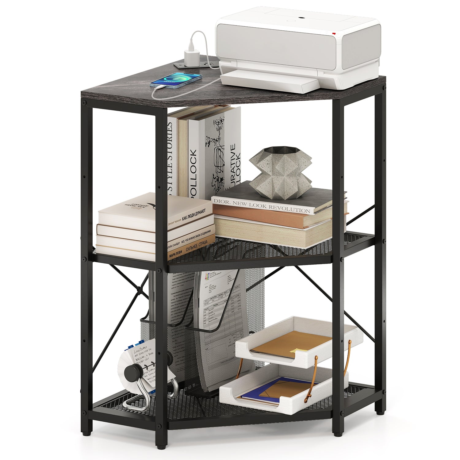 Corner Printer Stand with Power Outlet 3-Tier Storage Rack with Adjustable Shelf