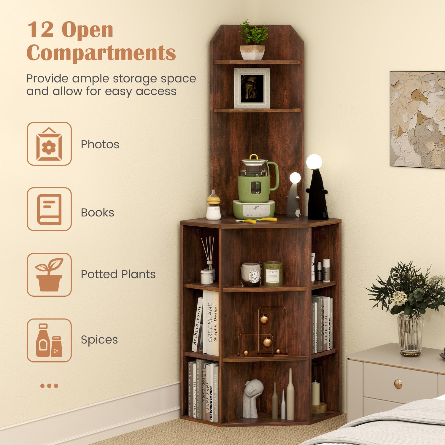 6-Tier Corner Shelf with Charging Station and 2 USB Ports