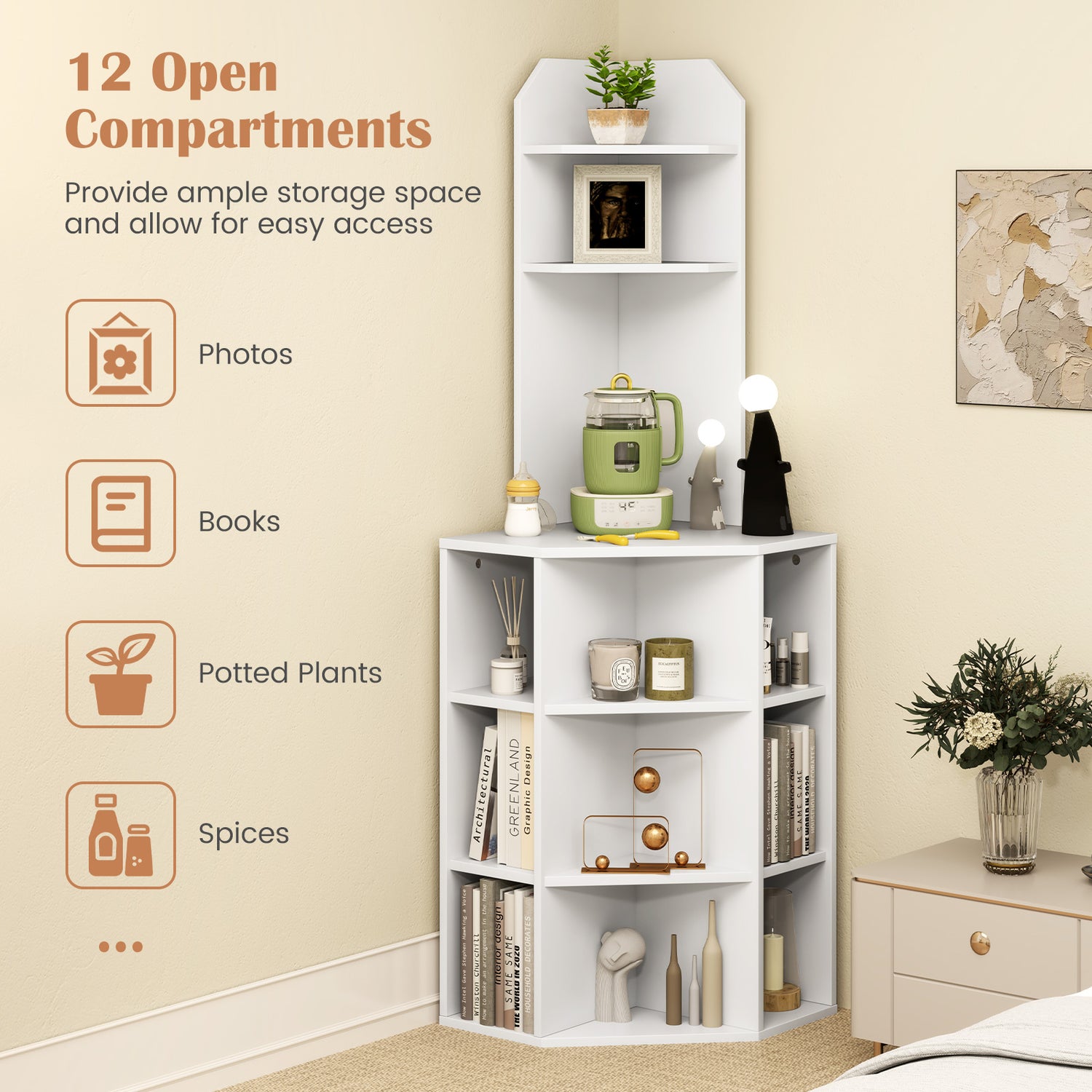 6-Tier Corner Shelf with Charging Station and 2 USB Ports