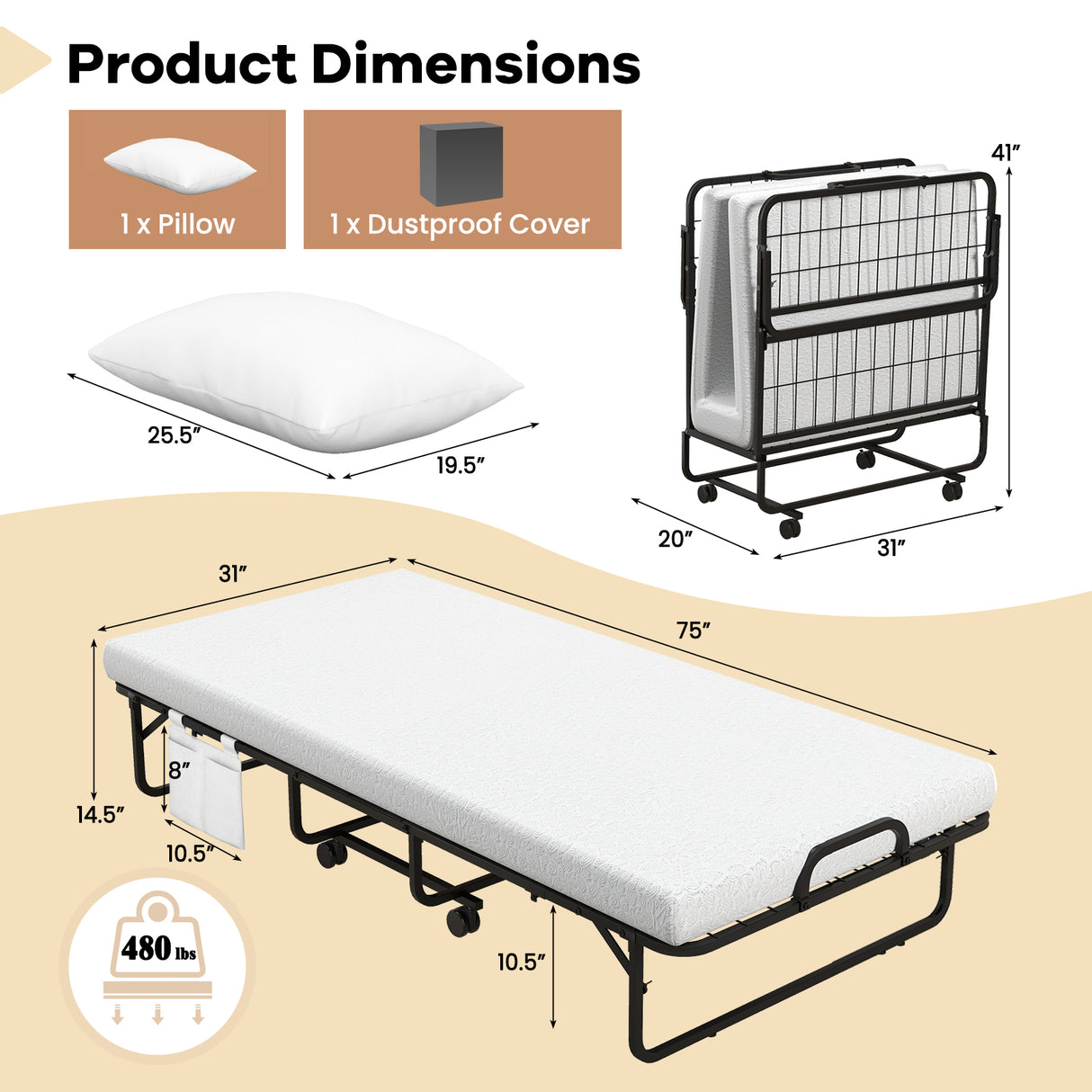 Twin Size Rollaway Guest Folding Bed with Pillow and Cover