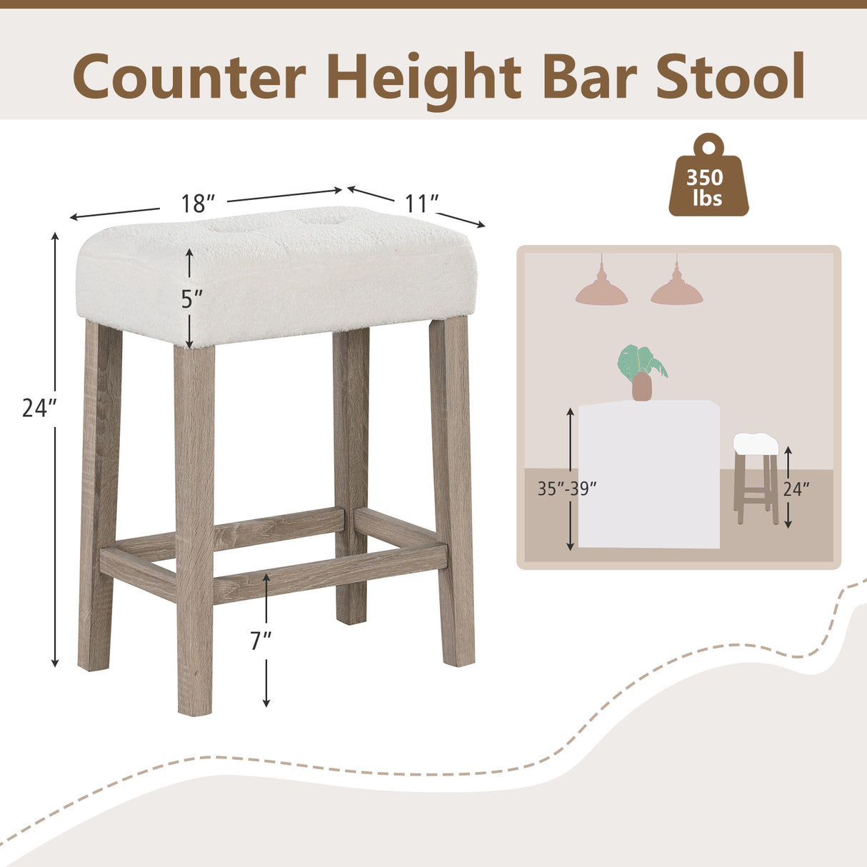 Modern Counter Height Bar Stools Set of 2 with Rubber Wood Legs