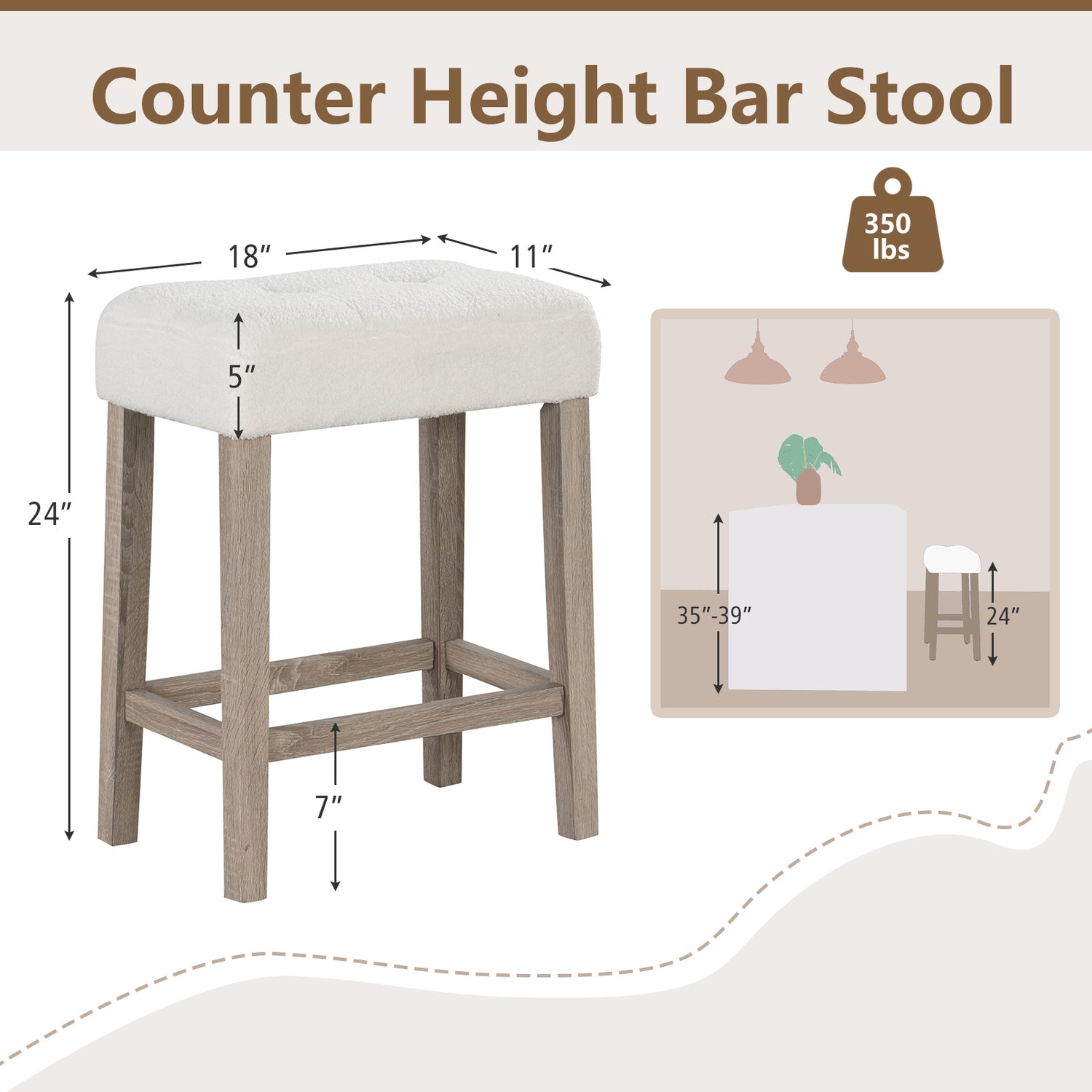 Modern Counter Height Bar Stools Set of 2 with Rubber Wood Legs