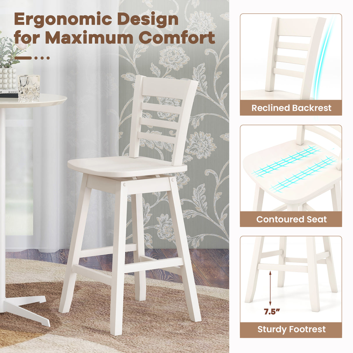 Counter Height Barstools Set of 2 with Footrest for Kitchen Island Bar