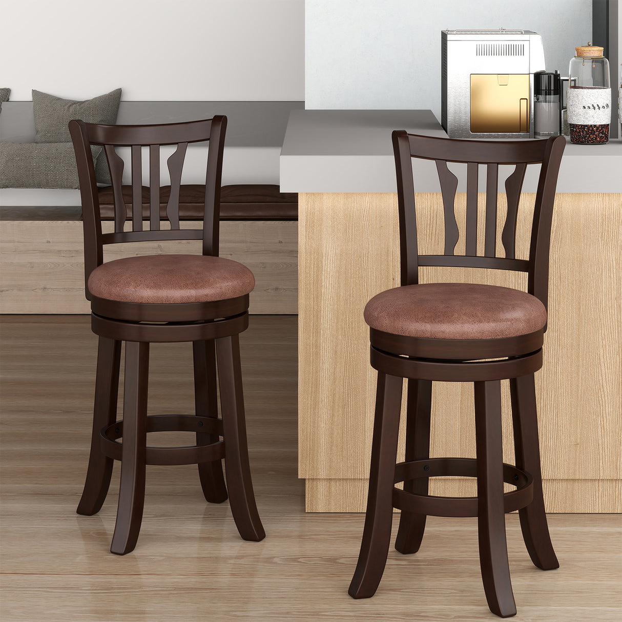 Counter Height Swivel Bar Stools Set of 2 with Back and Solid Rubber Frame