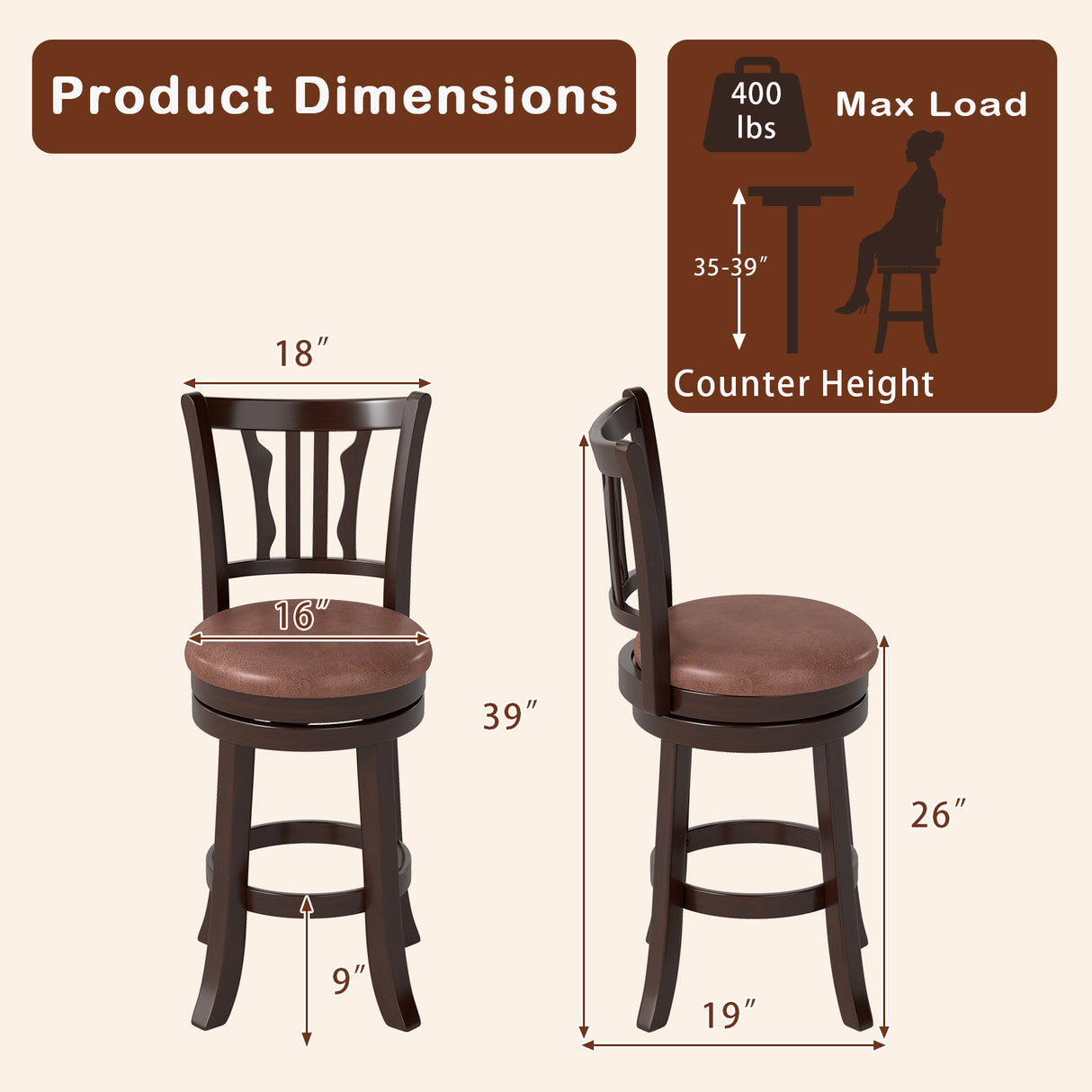 Counter Height Swivel Bar Stools Set of 2 with Back and Solid Rubber Frame
