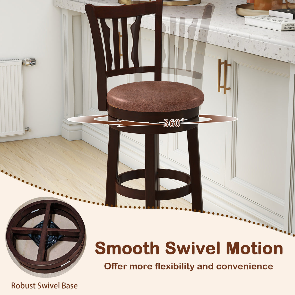 Counter Height Swivel Bar Stools Set of 2 with Back and Solid Rubber Frame