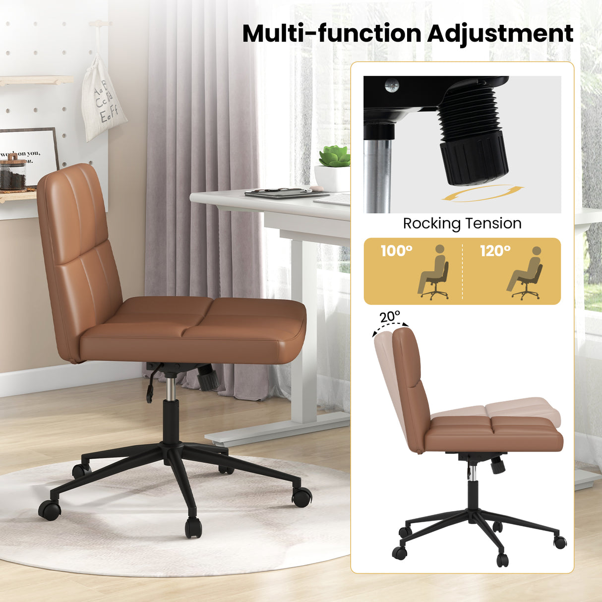 Height-adjustable Armless Desk Chair with Wheels for Home Office Make Up