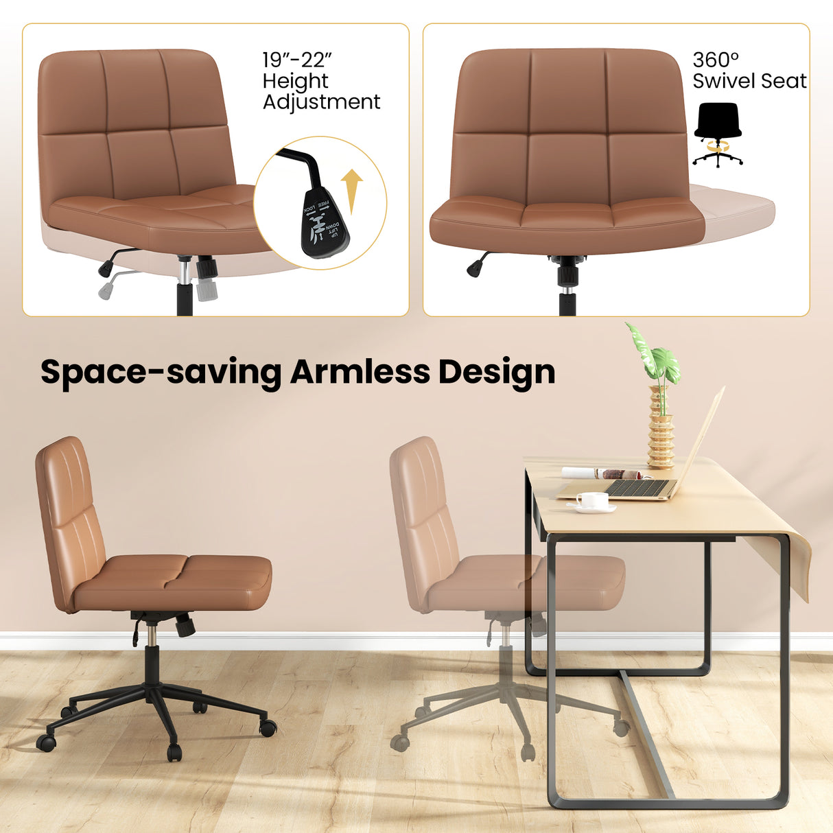 Height-adjustable Armless Desk Chair with Wheels for Home Office Make Up