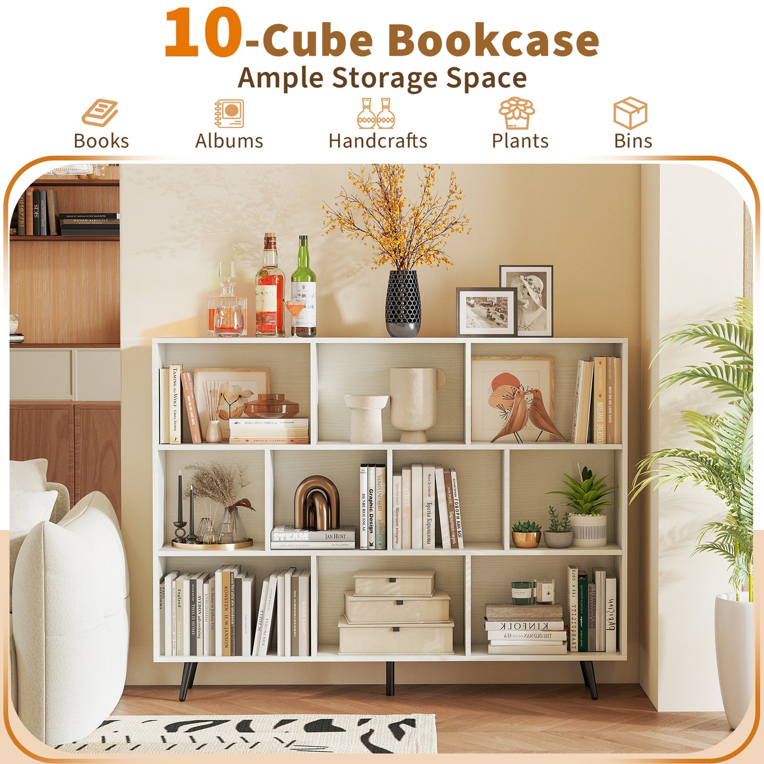 8-Cube Bookcase with 5 Tapered Metal Legs