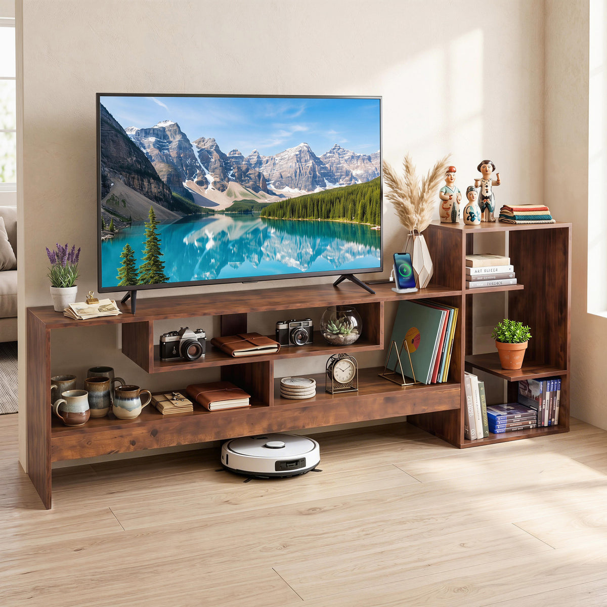 Cube TV Stand for 55 Inch TV with Power Outlets and Open Storage Shelves