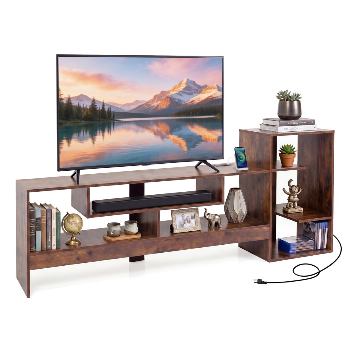 Cube TV Stand for 55 Inch TV with Power Outlets and Open Storage Shelves