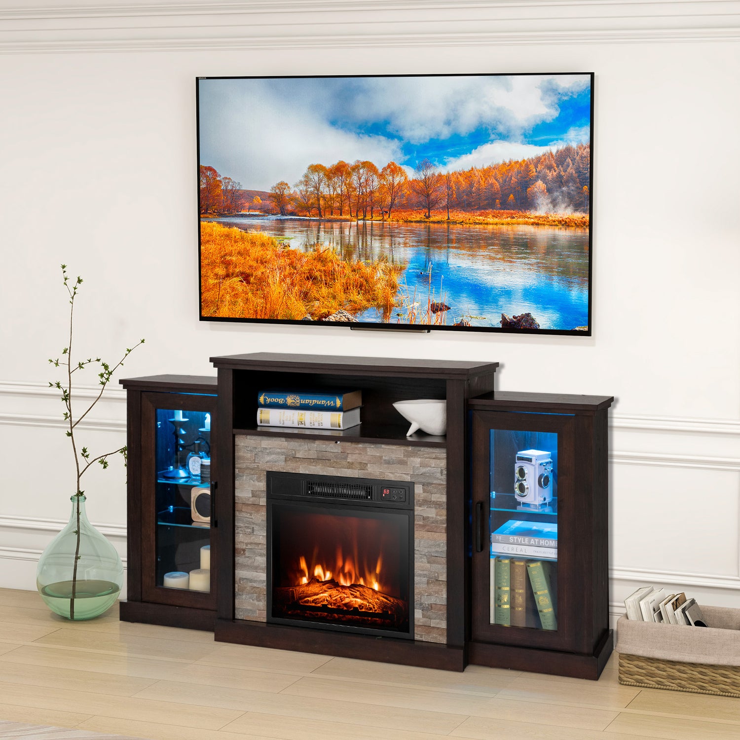 Fireplace TV Stand with 16-Color Led Lights for TVs up to 65 Inch