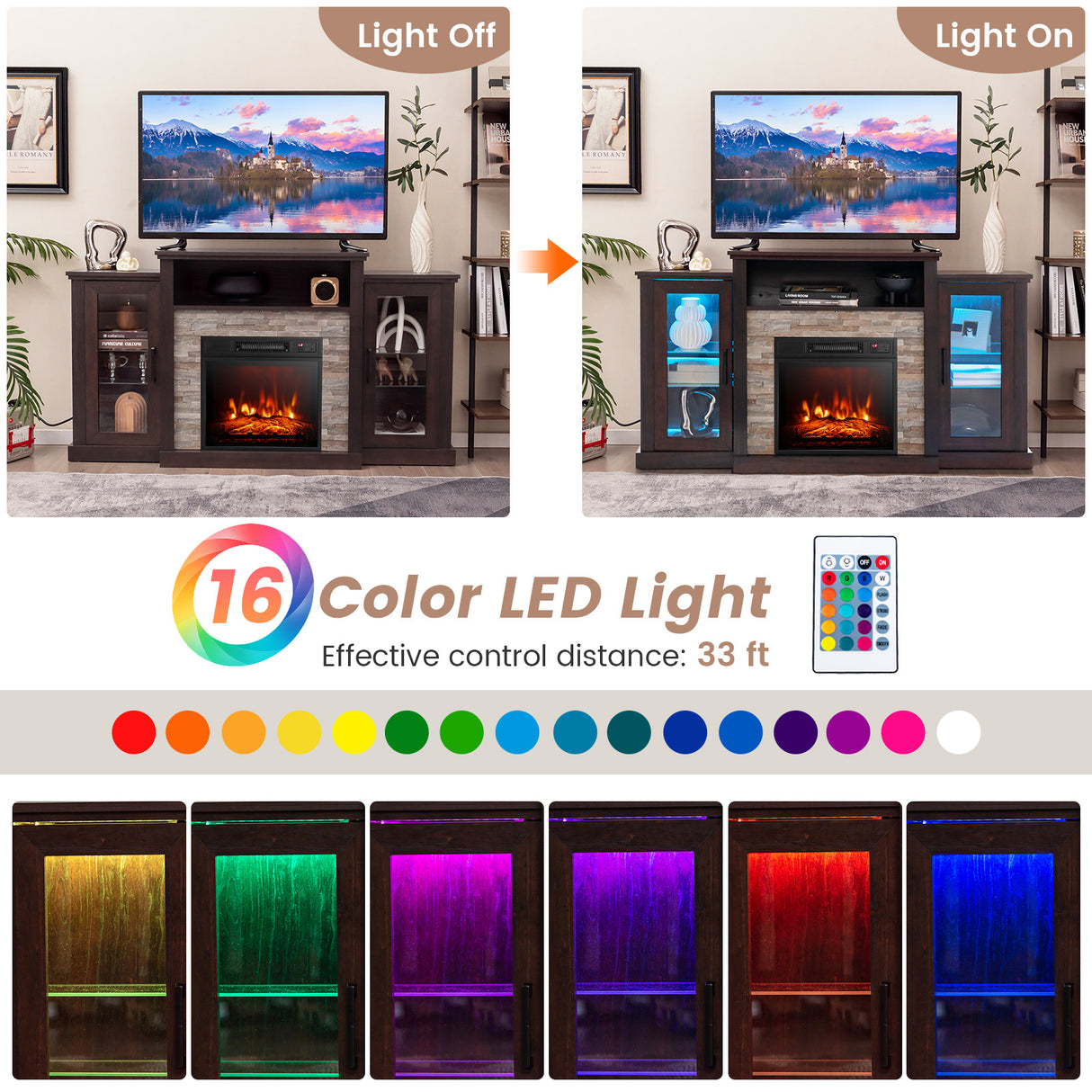 Fireplace TV Stand with 16-Color Led Lights for TVs up to 65 Inch