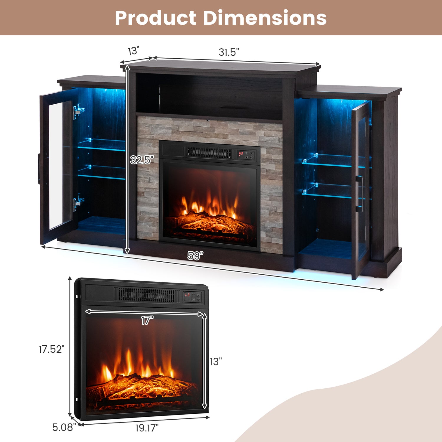 Fireplace TV Stand with 16-Color Led Lights for TVs up to 65 Inch