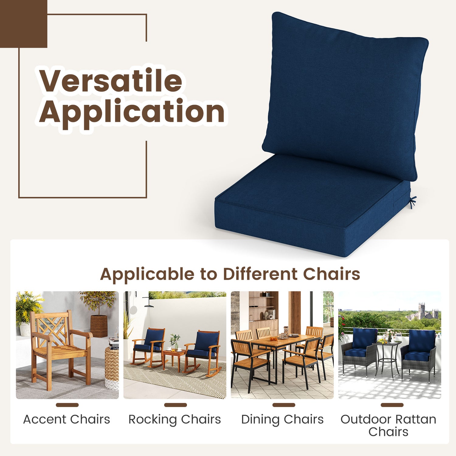 Deep Seat Chair Cushion Pads Set with Rope Belts for Indoor and Outdoor