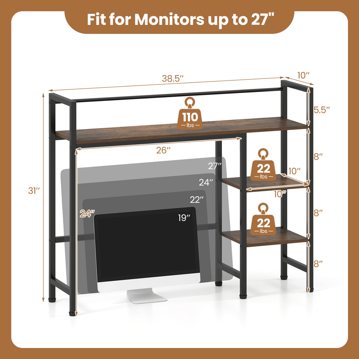 Desktop Bookshelf 38.5" W with Storage Display Rack for Home Office