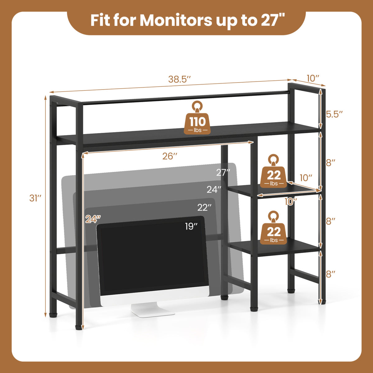 Desktop Bookshelf 38.5" W with Storage Display Rack for Home Office