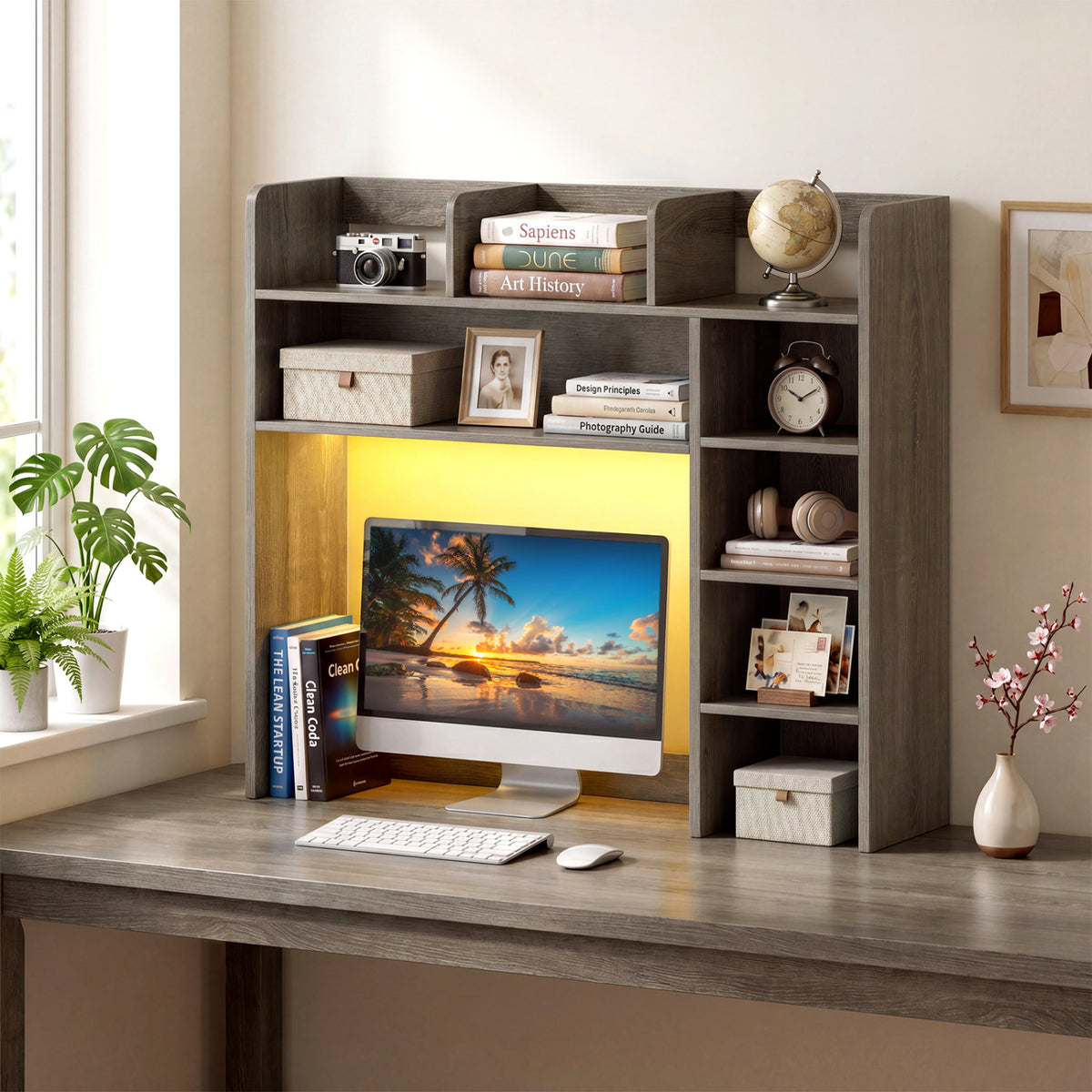 Desktop Bookshelf with LED Lights 35.5 inch Desk Hutch Storage Organizer
