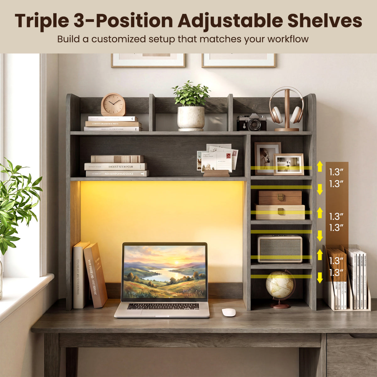 Desktop Bookshelf with LED Lights 35.5 inch Desk Hutch Storage Organizer
