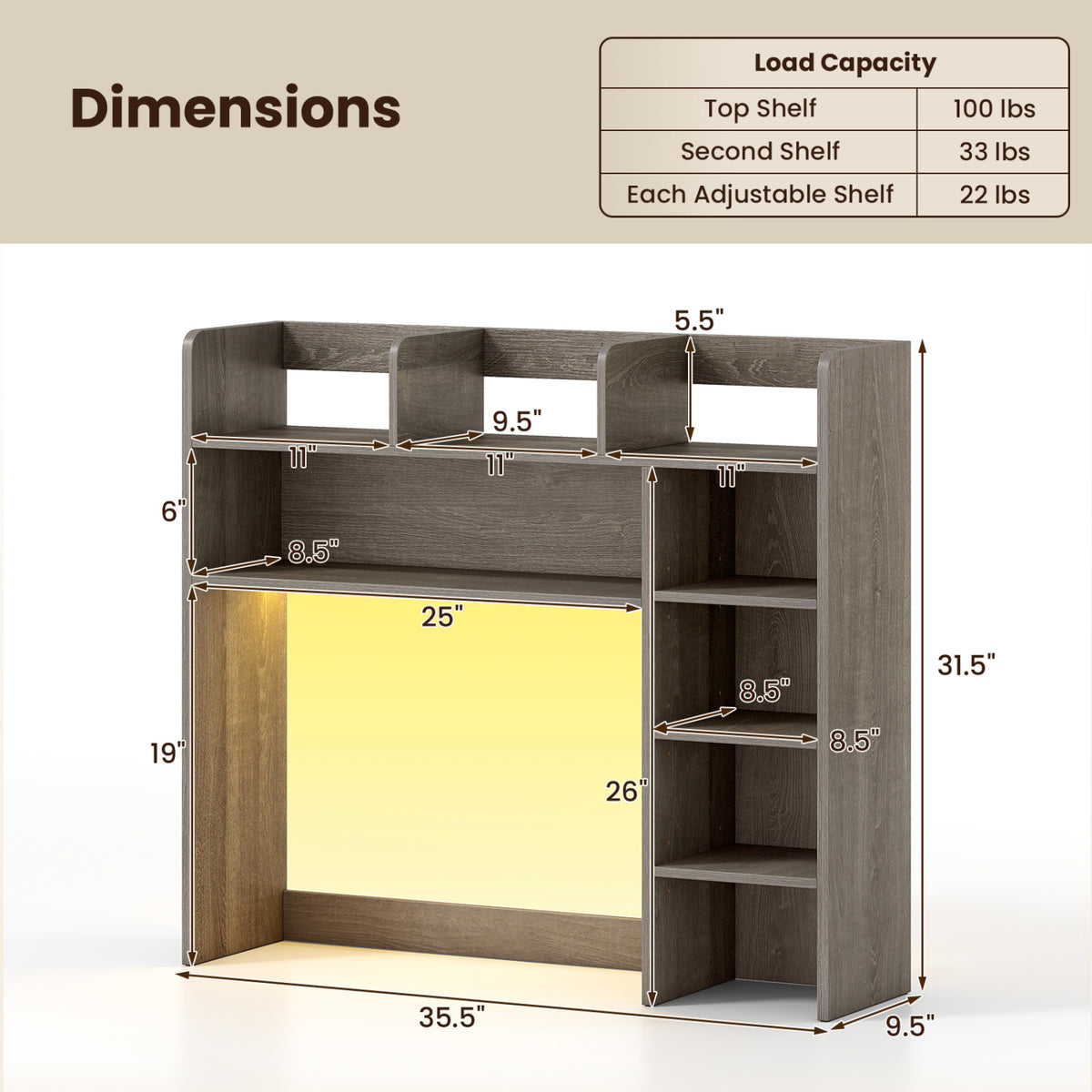Desktop Bookshelf with LED Lights 35.5 inch Desk Hutch Storage Organizer