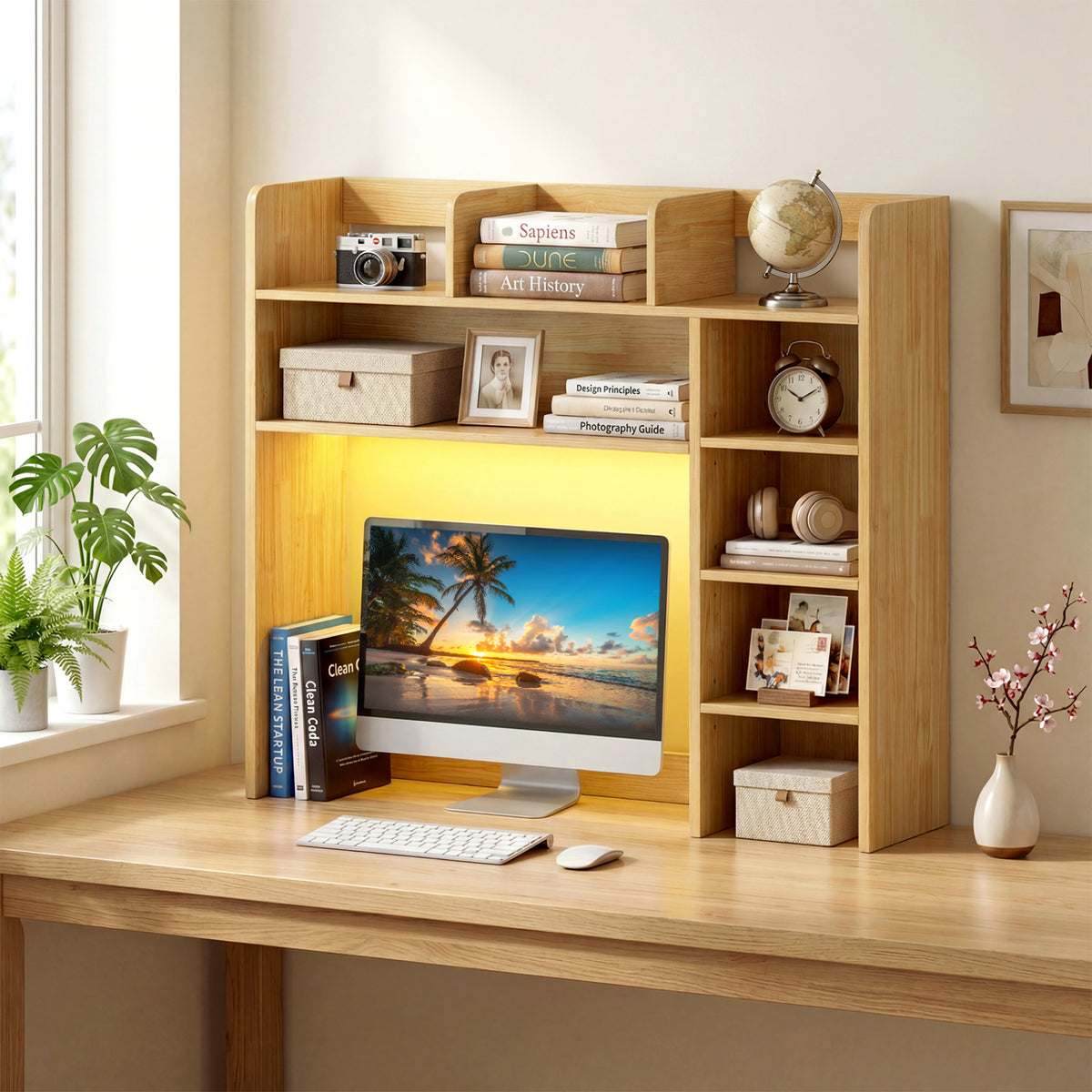 Desktop Bookshelf with LED Lights 35.5 inch Desk Hutch Storage Organizer