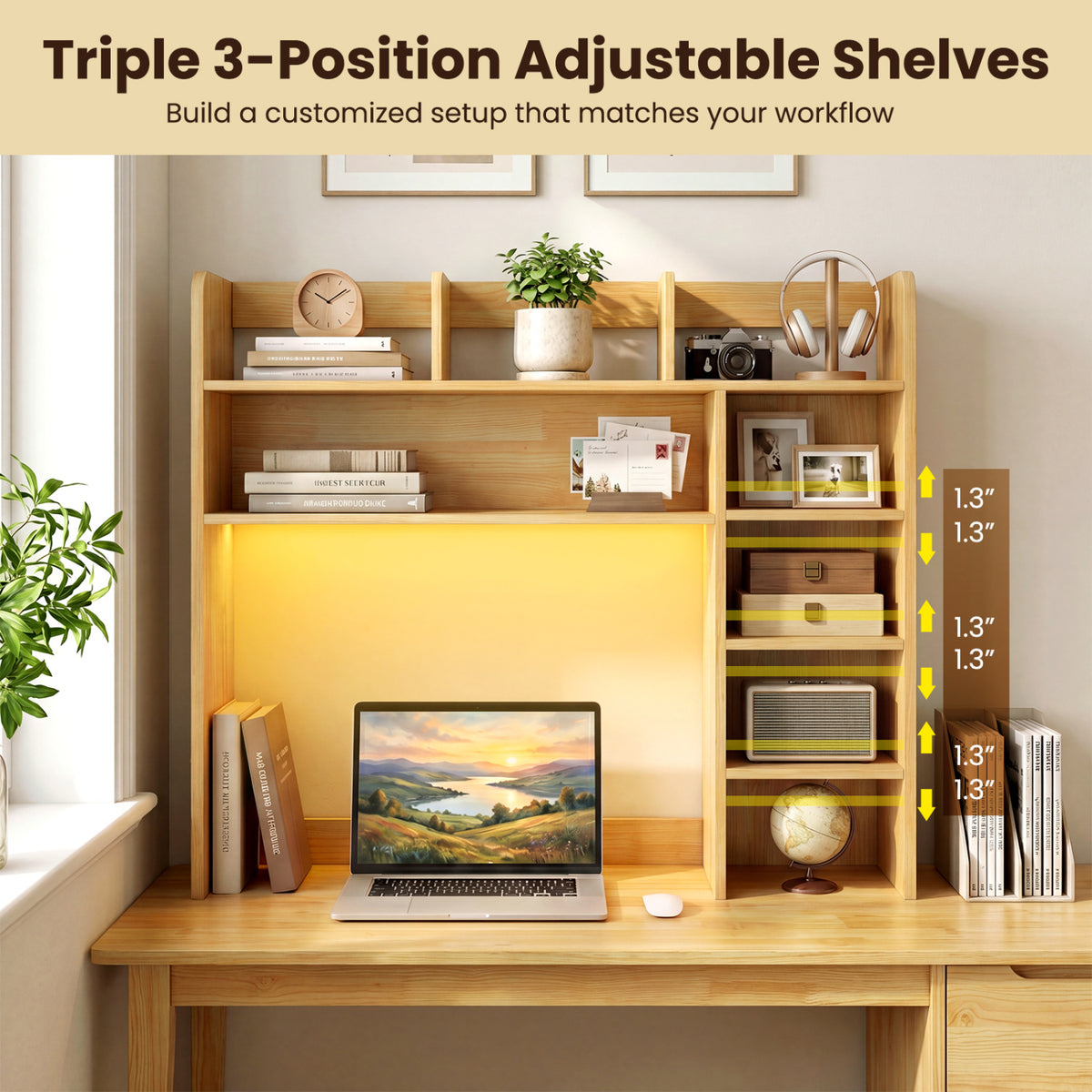 Desktop Bookshelf with LED Lights 35.5 inch Desk Hutch Storage Organizer