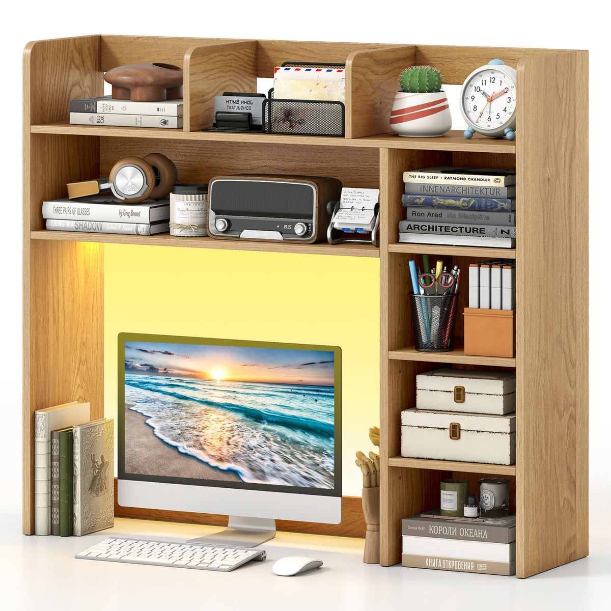 Desktop Bookshelf with LED Lights 35.5 inch Desk Hutch Storage Organizer