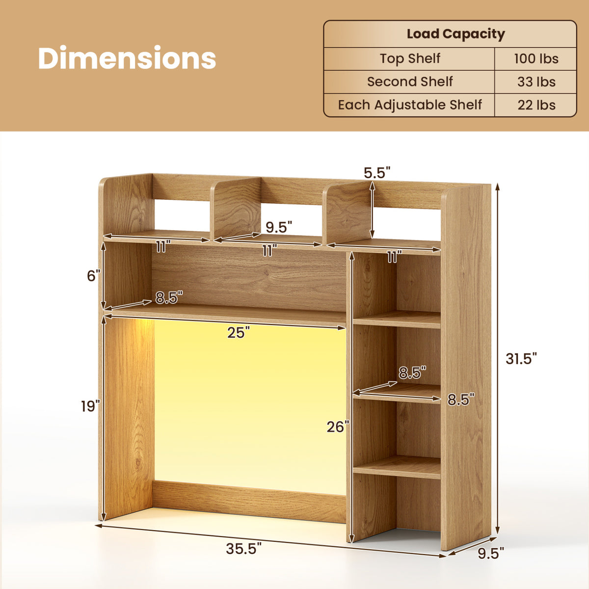 Desktop Bookshelf with LED Lights 35.5 inch Desk Hutch Storage Organizer