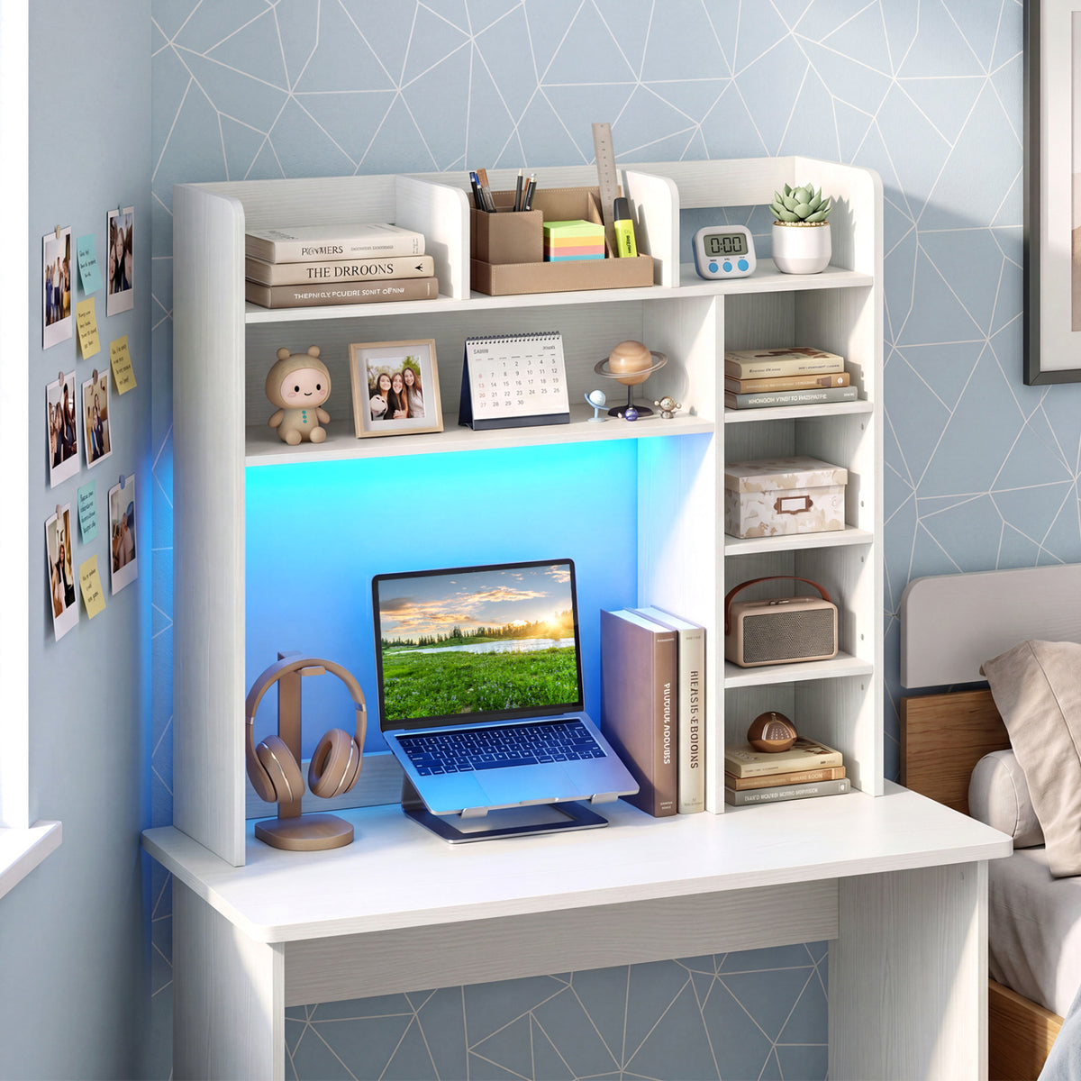 Desktop Bookshelf with LED Lights 35.5 inch Desk Hutch Storage Organizer