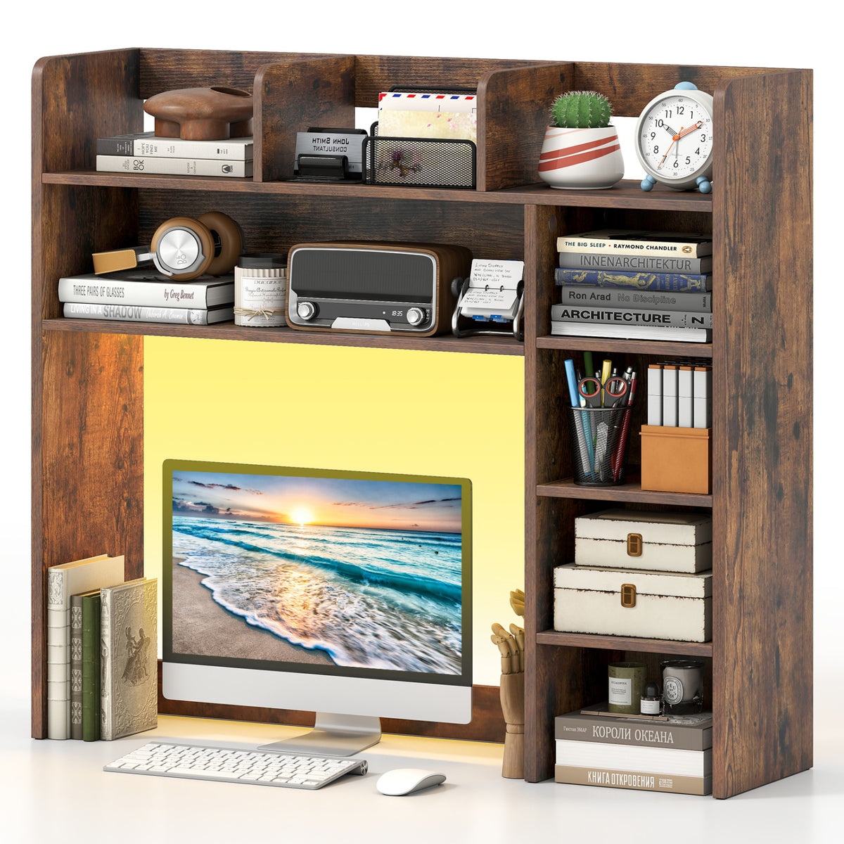 Desktop Bookshelf with LED Lights 35.5 inch Desk Hutch Storage Organizer