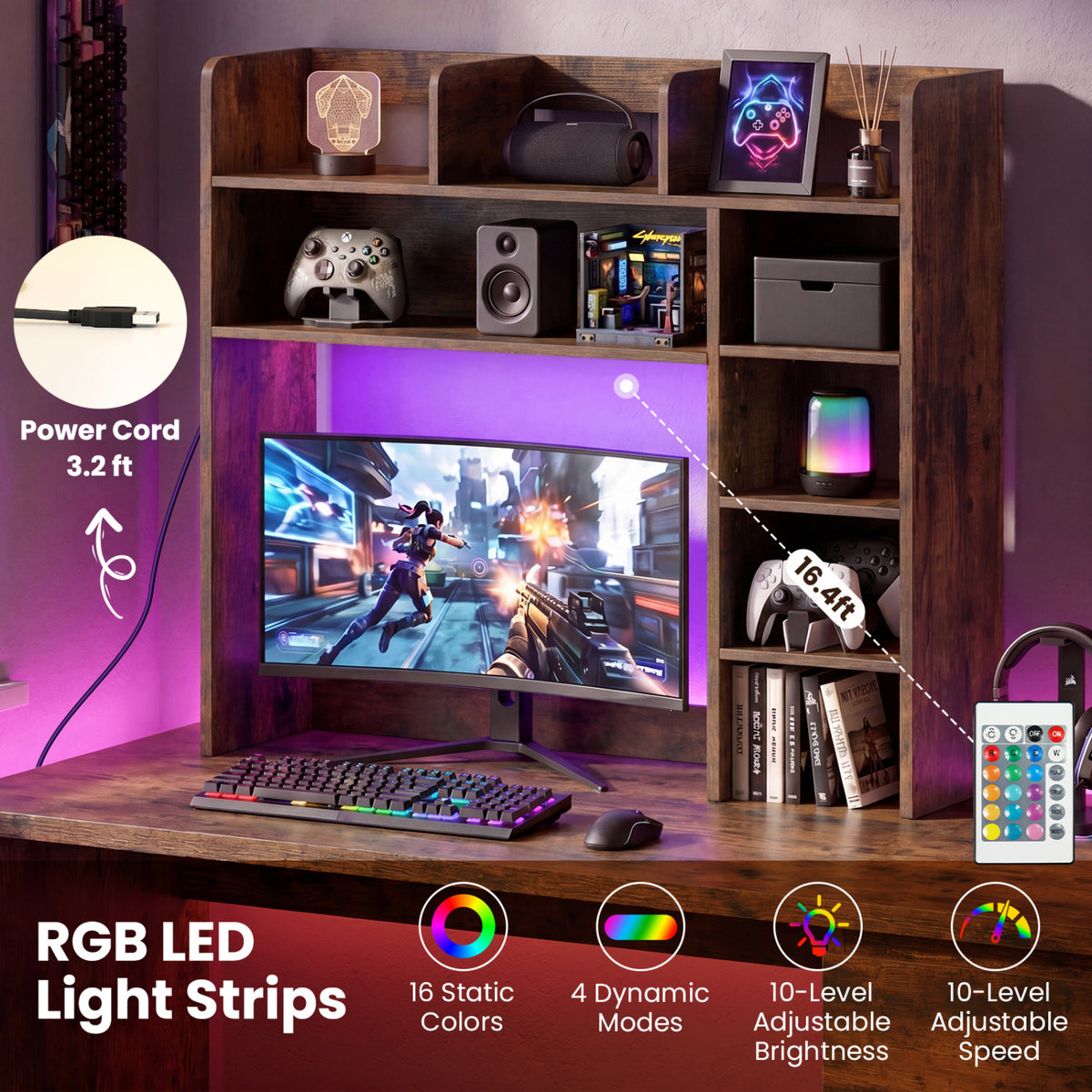 Desktop Bookshelf with LED Lights 35.5 inch Desk Hutch Storage Organizer