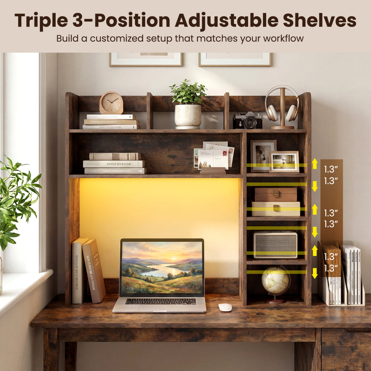 Desktop Bookshelf with LED Lights 35.5 inch Desk Hutch Storage Organizer