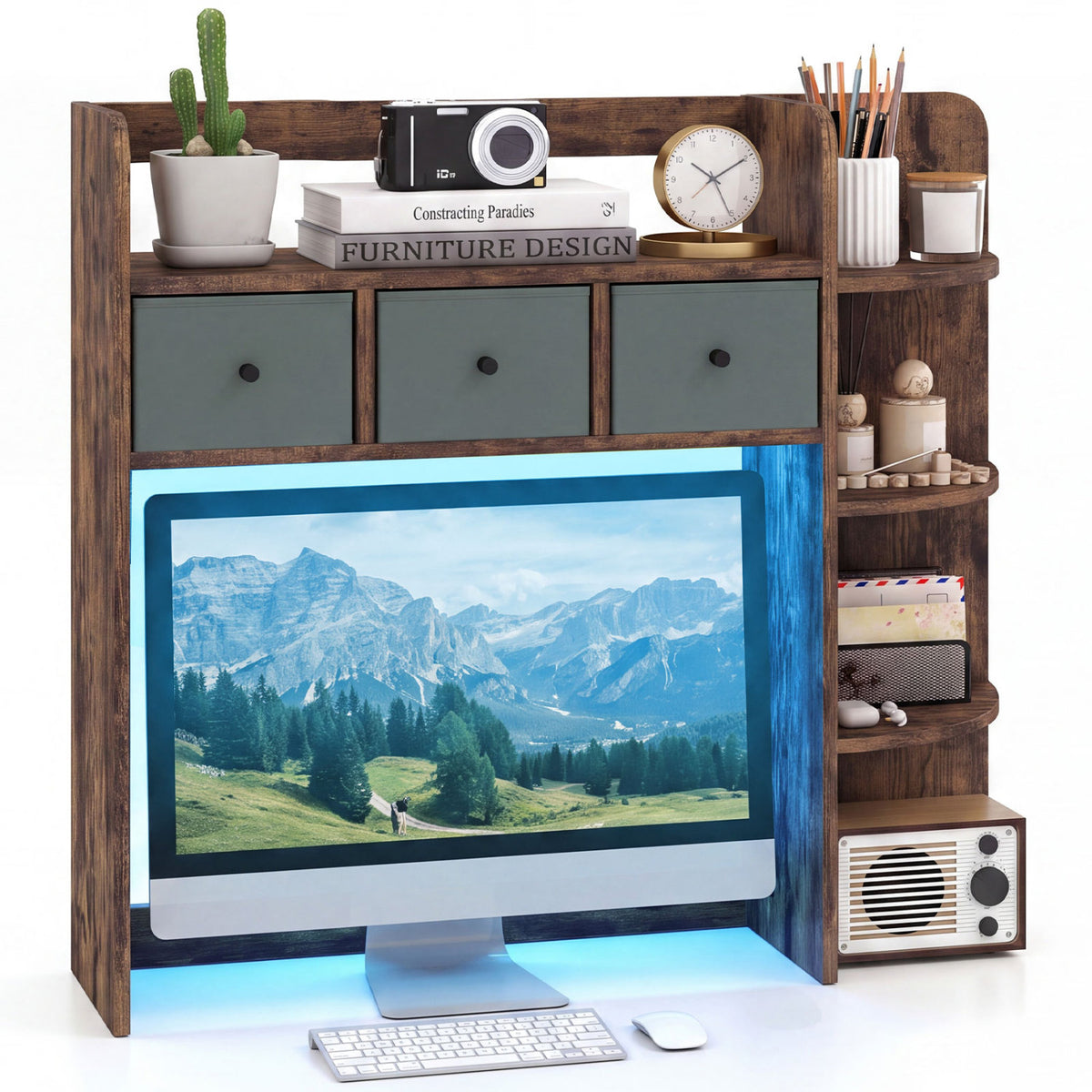 Desktop Bookshelf with LED Lights 5-Tier Shelves and 3 Drawers for Home Officce