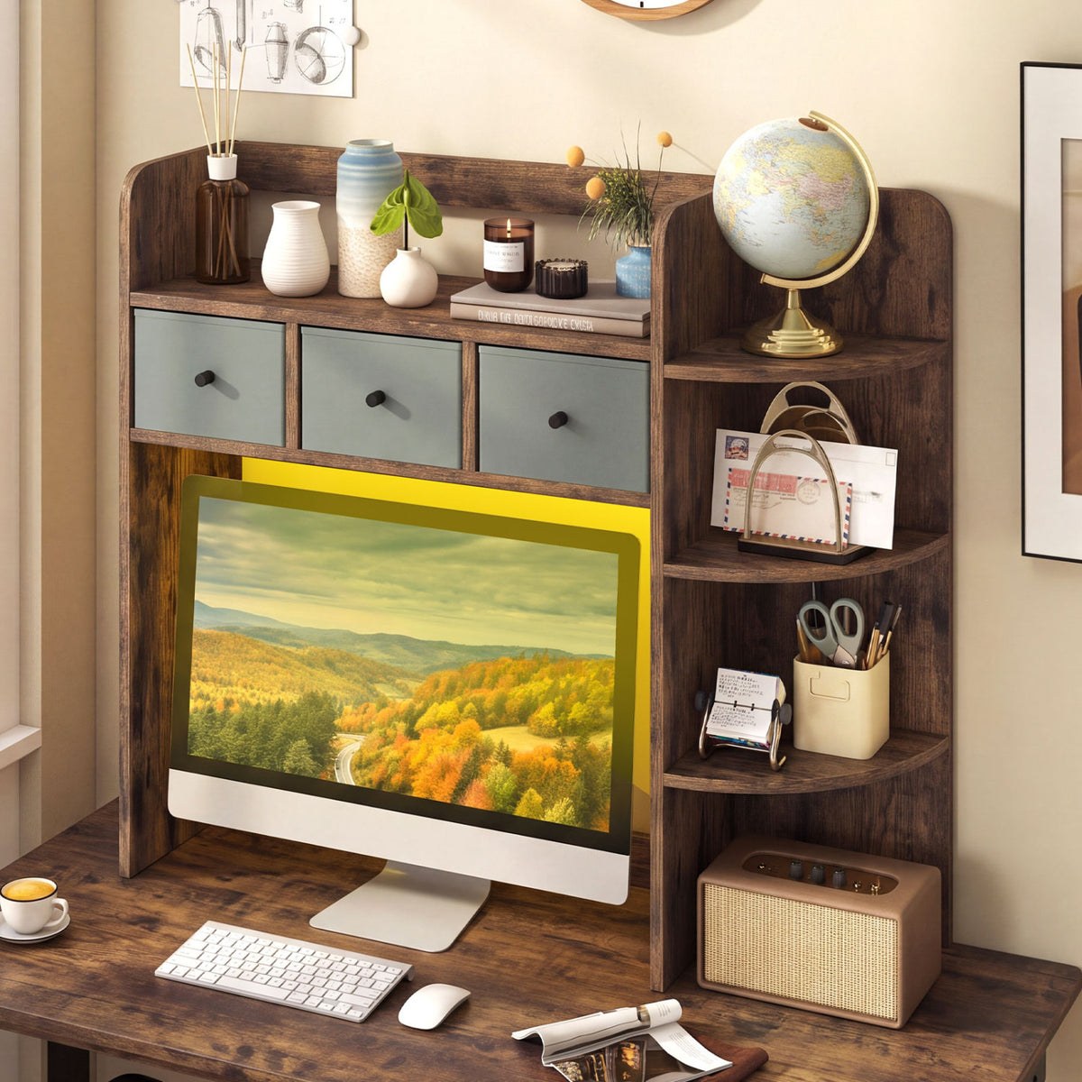 Desktop Bookshelf with LED Lights 5-Tier Shelves and 3 Drawers for Home Officce