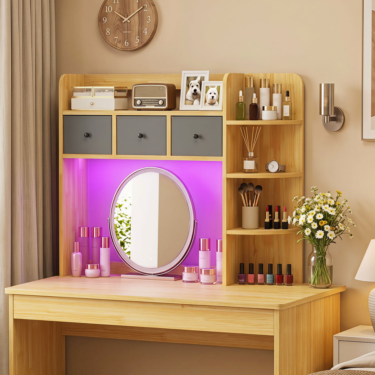 Desktop Bookshelf with LED Lights 5-Tier Shelves and 3 Drawers for Home Officce