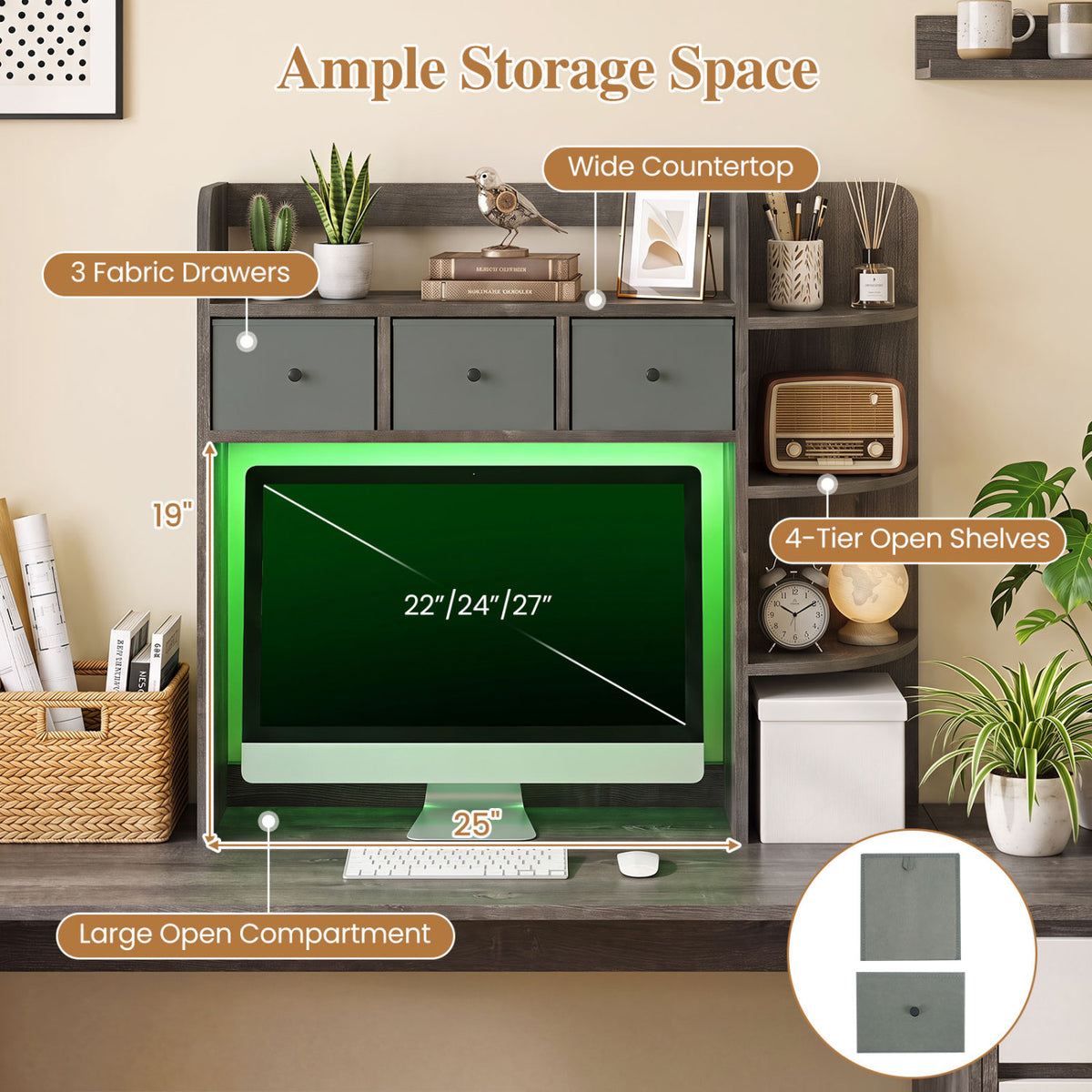 Desktop Bookshelf with LED Lights 5-Tier Shelves and 3 Drawers for Home Officce