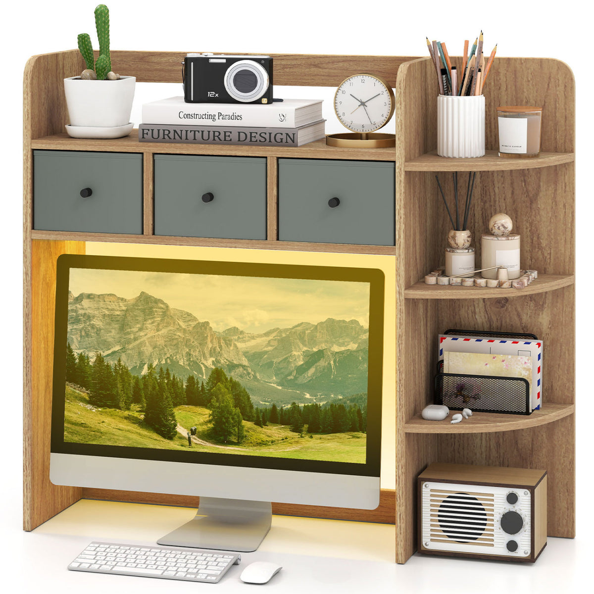 Desktop Bookshelf with LED Lights 5-Tier Shelves and 3 Drawers for Home Officce