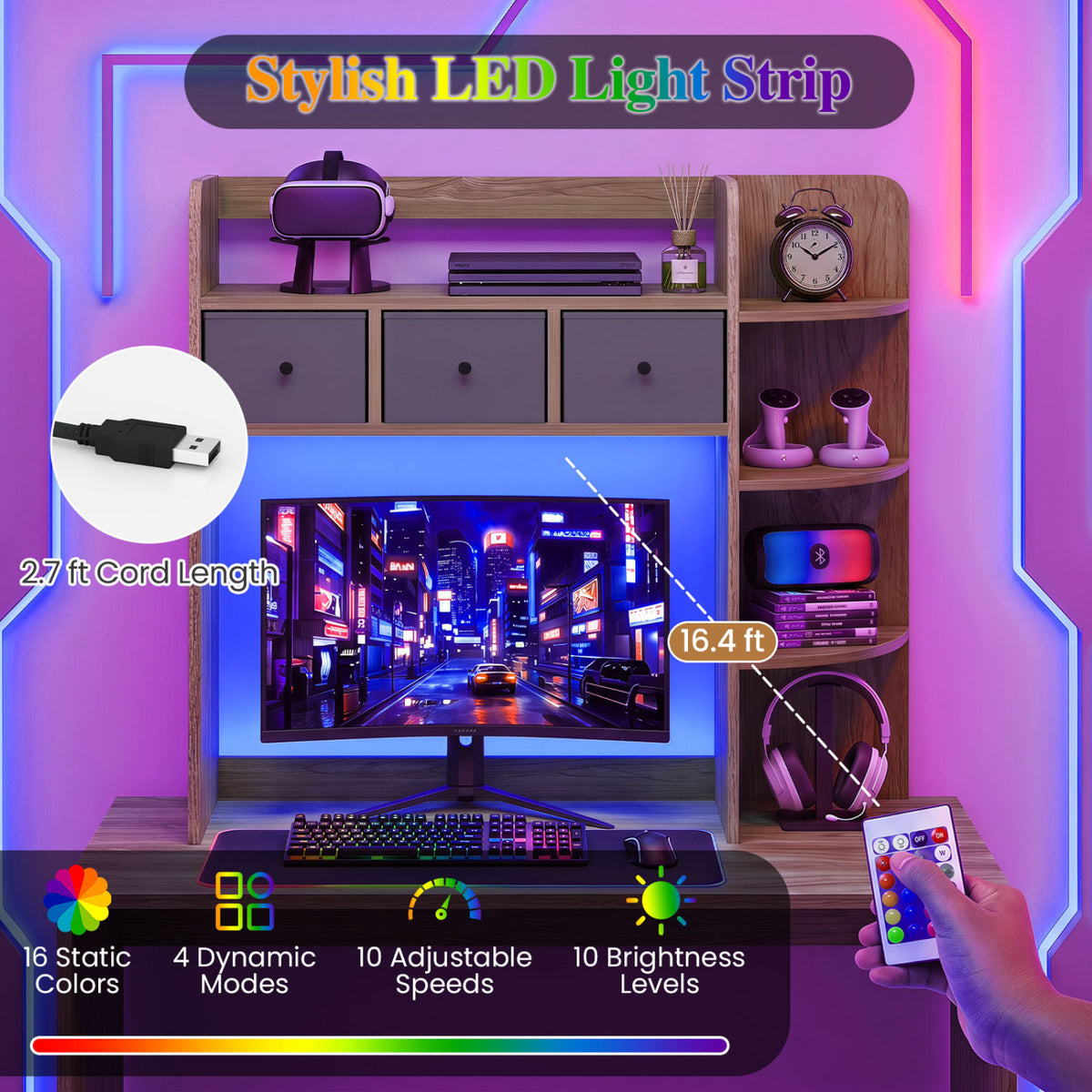 Desktop Bookshelf with LED Lights 5-Tier Shelves and 3 Drawers for Home Officce