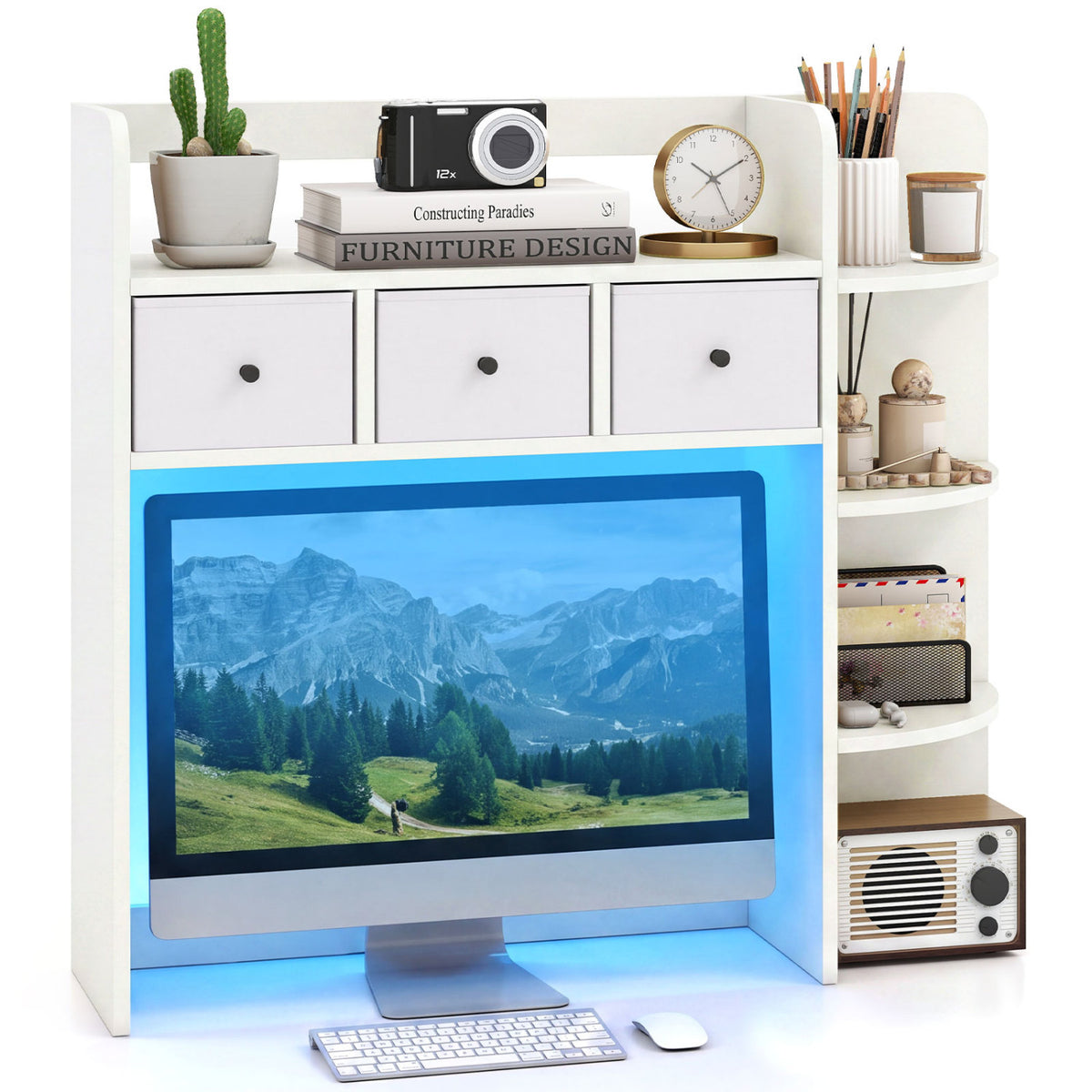 Desktop Bookshelf with LED Lights 5-Tier Shelves and 3 Drawers for Home Officce