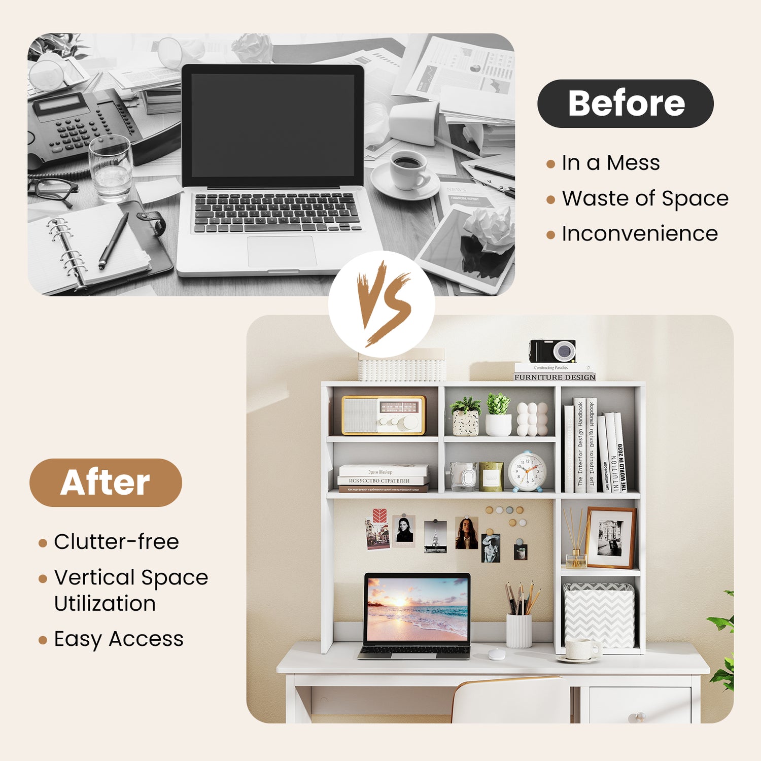 Desktop Bookshelf with 7 Open Cubbies and 3 Adjustable Shelves