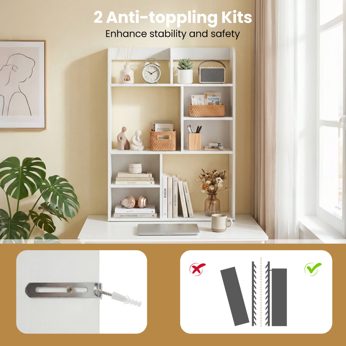 Desktop Display Rack with 8 Open Cubes for Home Office-White