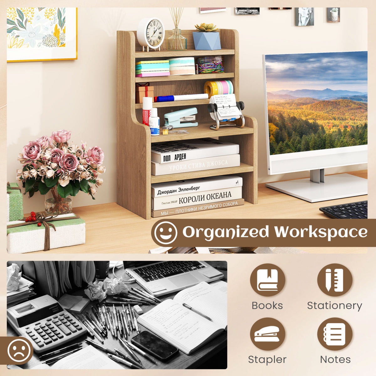 Desktop Organizer 6-Tier Mini Storage Rack with 2 Removable Shelves