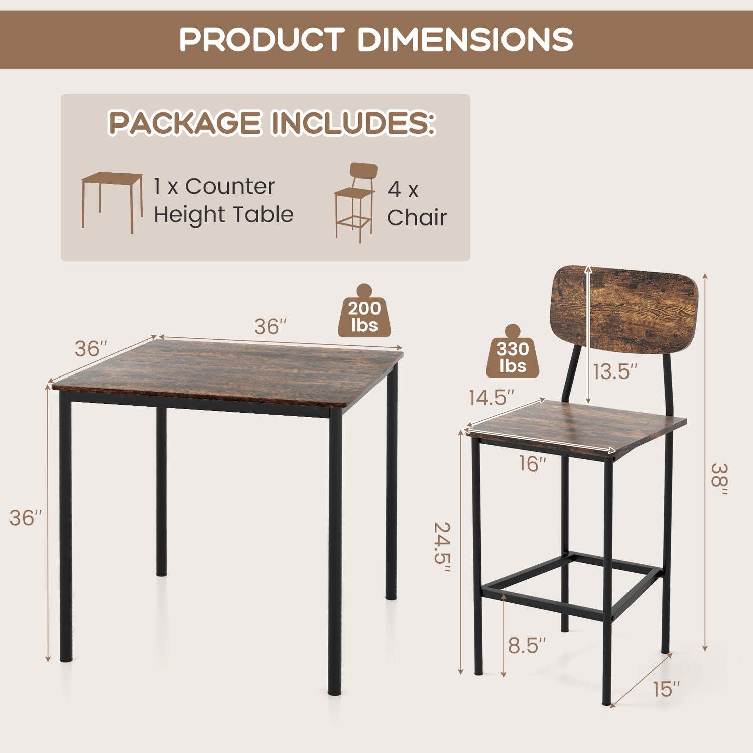 5-Piece Industrial Dining Table Set with Counter Height Table and 4 Bar Stools