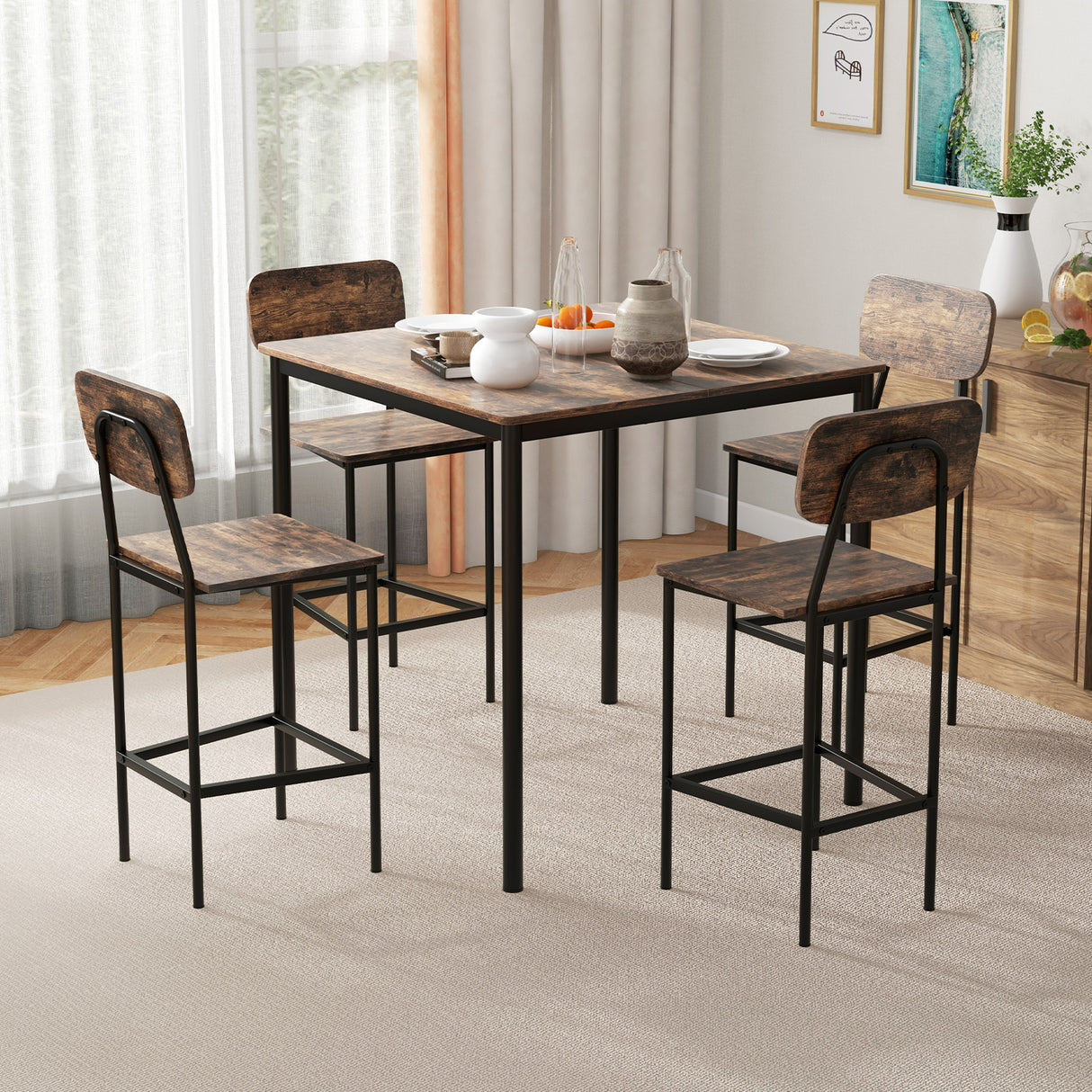 5-Piece Industrial Dining Table Set with Counter Height Table and 4 Bar Stools