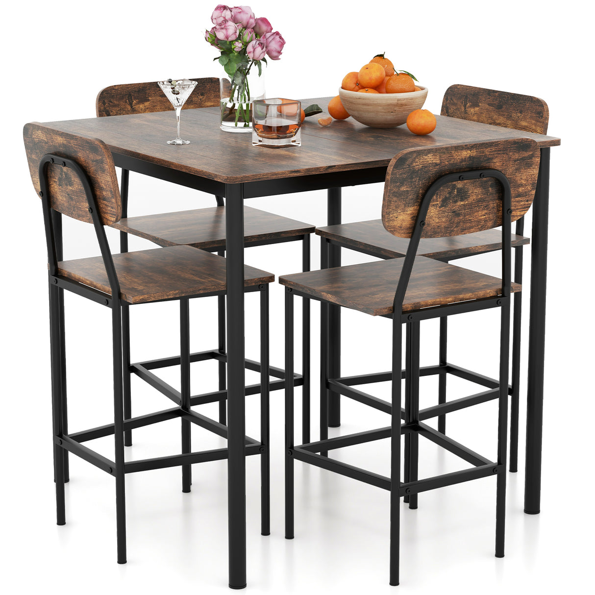 5-Piece Industrial Dining Table Set with Counter Height Table and 4 Bar Stools