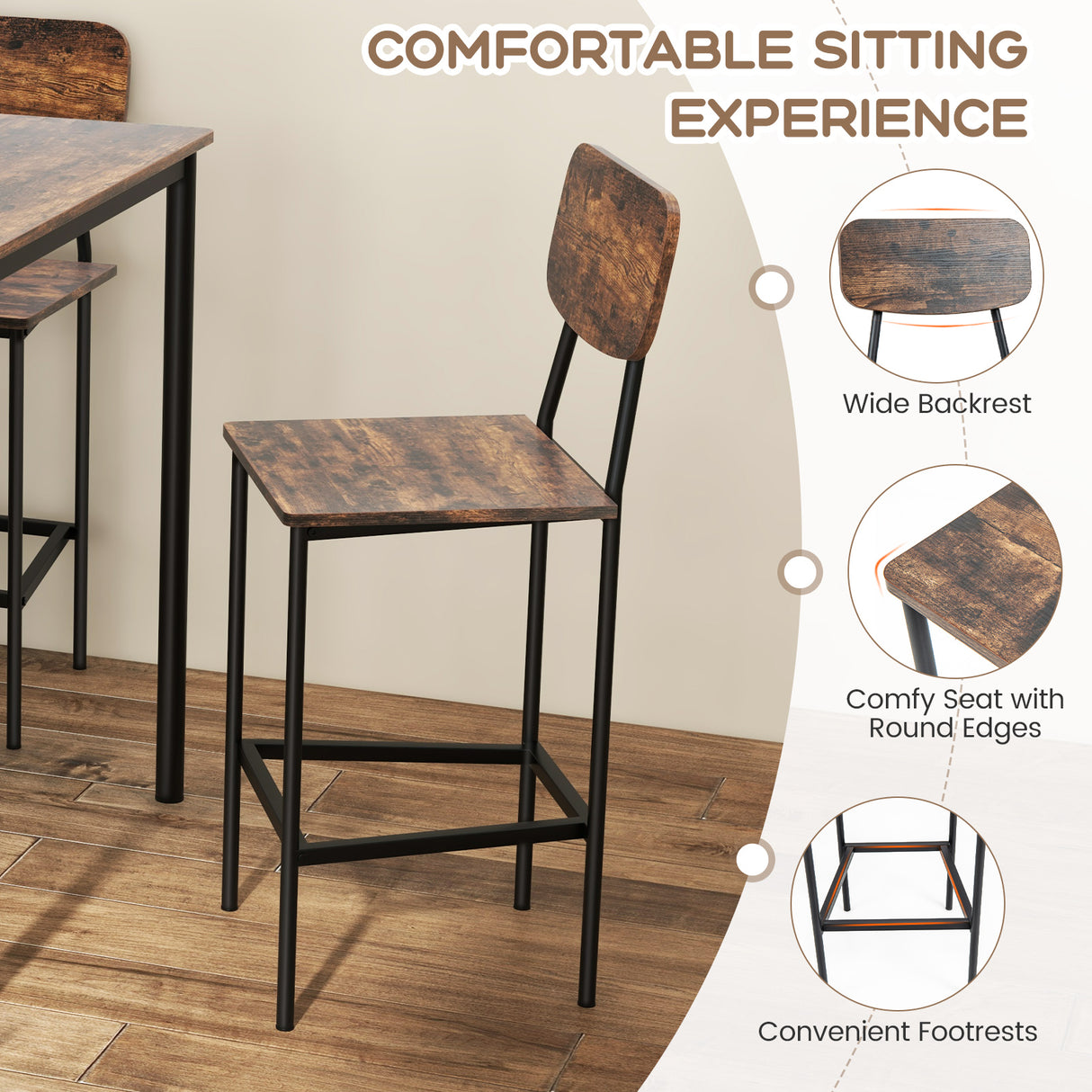 5-Piece Industrial Dining Table Set with Counter Height Table and 4 Bar Stools