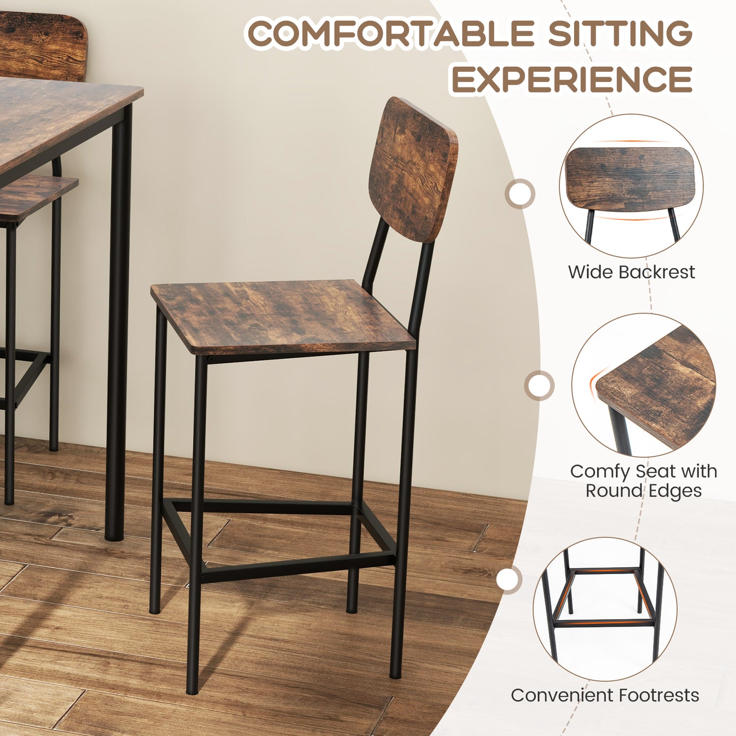 5-Piece Industrial Dining Table Set with Counter Height Table and 4 Bar Stools