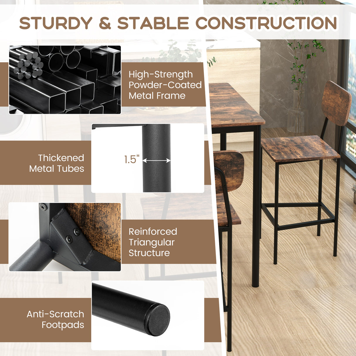 5-Piece Industrial Dining Table Set with Counter Height Table and 4 Bar Stools