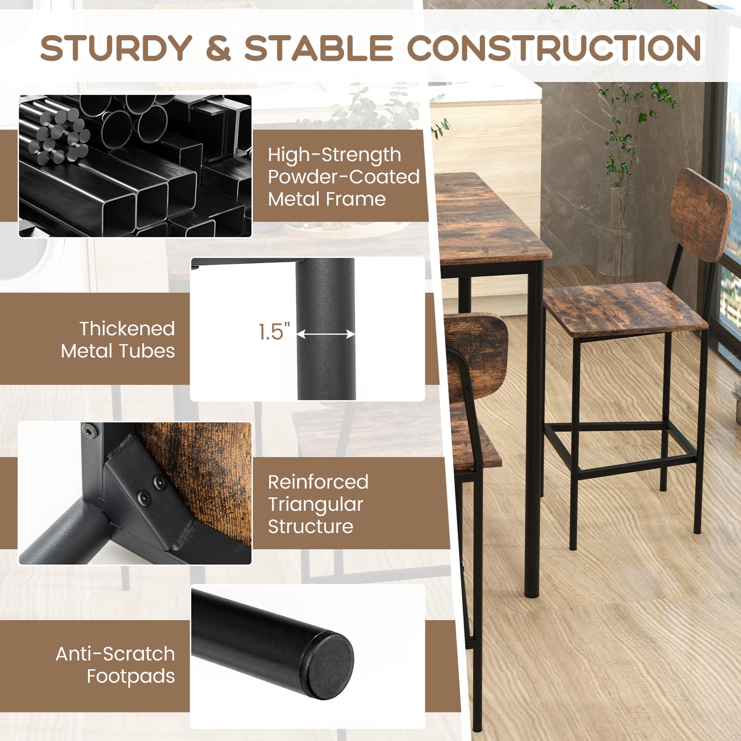 5-Piece Industrial Dining Table Set with Counter Height Table and 4 Bar Stools