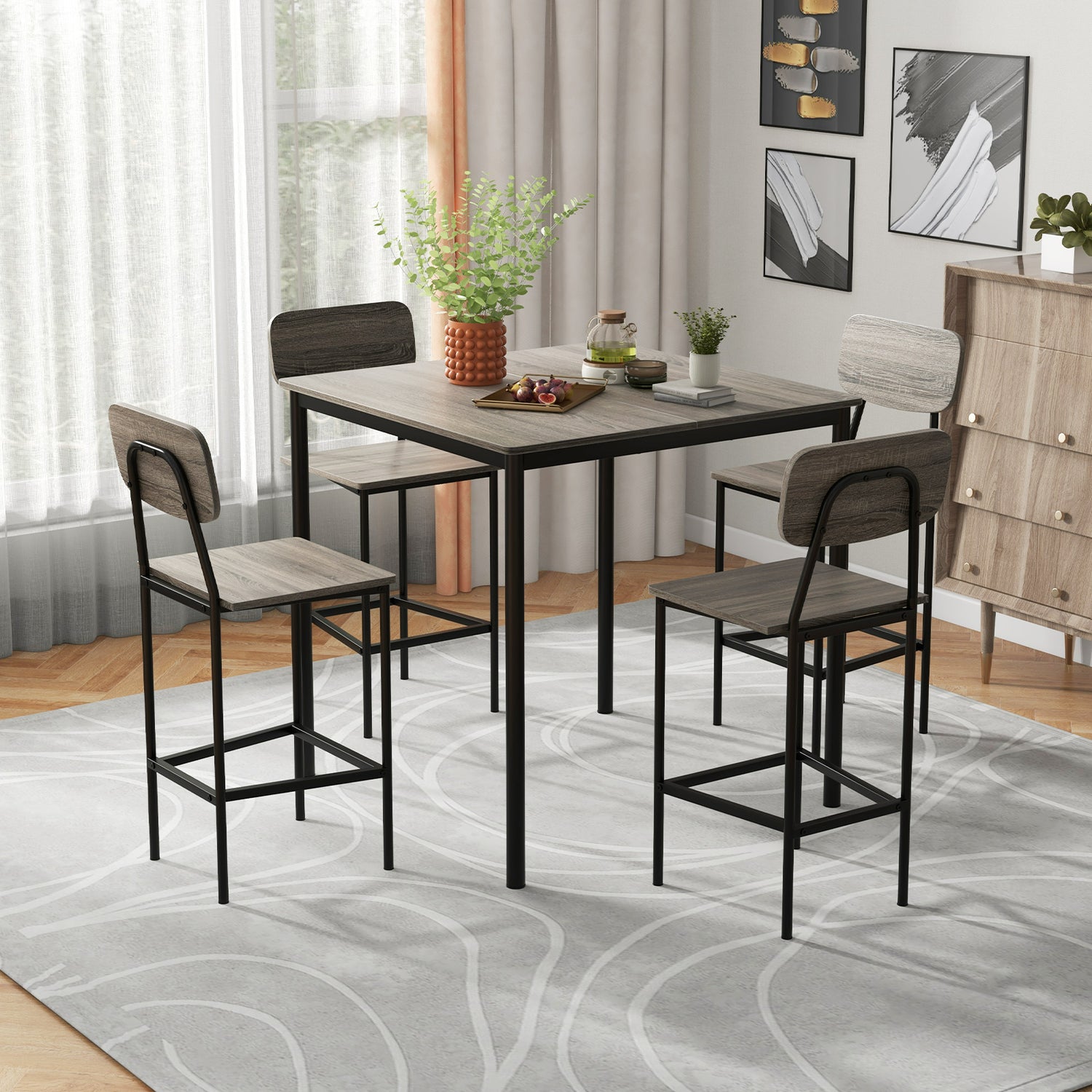 5-Piece Industrial Dining Table Set with Counter Height Table and 4 Bar Stools